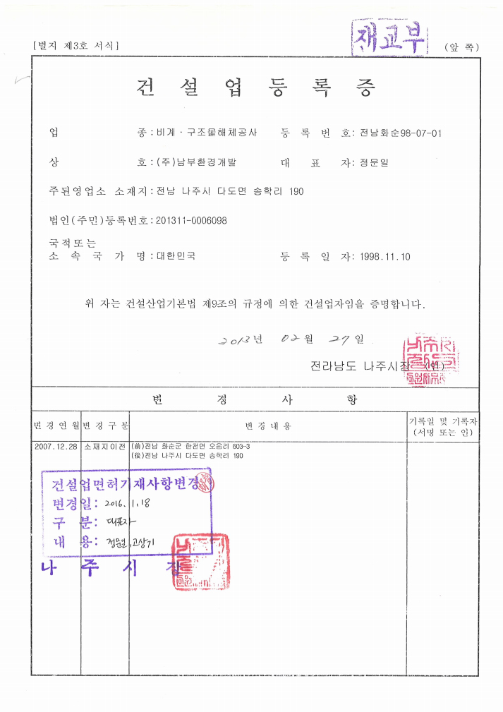 비계구조물 해체/공사업 면허증